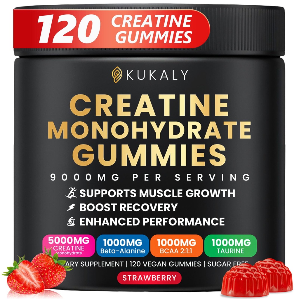 Cretina Monohidratos Gummies para Hombres &amp; Mujeres, 9000MG Cretina Gummies Azúcar Gratis con L-Taurina, BCAA 2:1, B12 B6 para Fuerza Boost, Focus &amp; Endurance, Vegan, No GMO, Fresa, 120pcs