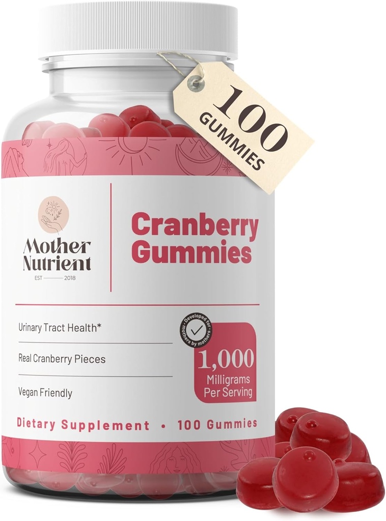 Madre Nutriente Gummies de arándanos Suplemento para la salud de las mujeres y niños orinando menos Tart & 90% menos dulce, libre de gluten, no GMO, Vegan - Puro extracto de arándanos 1000mg - 100 cuenta.