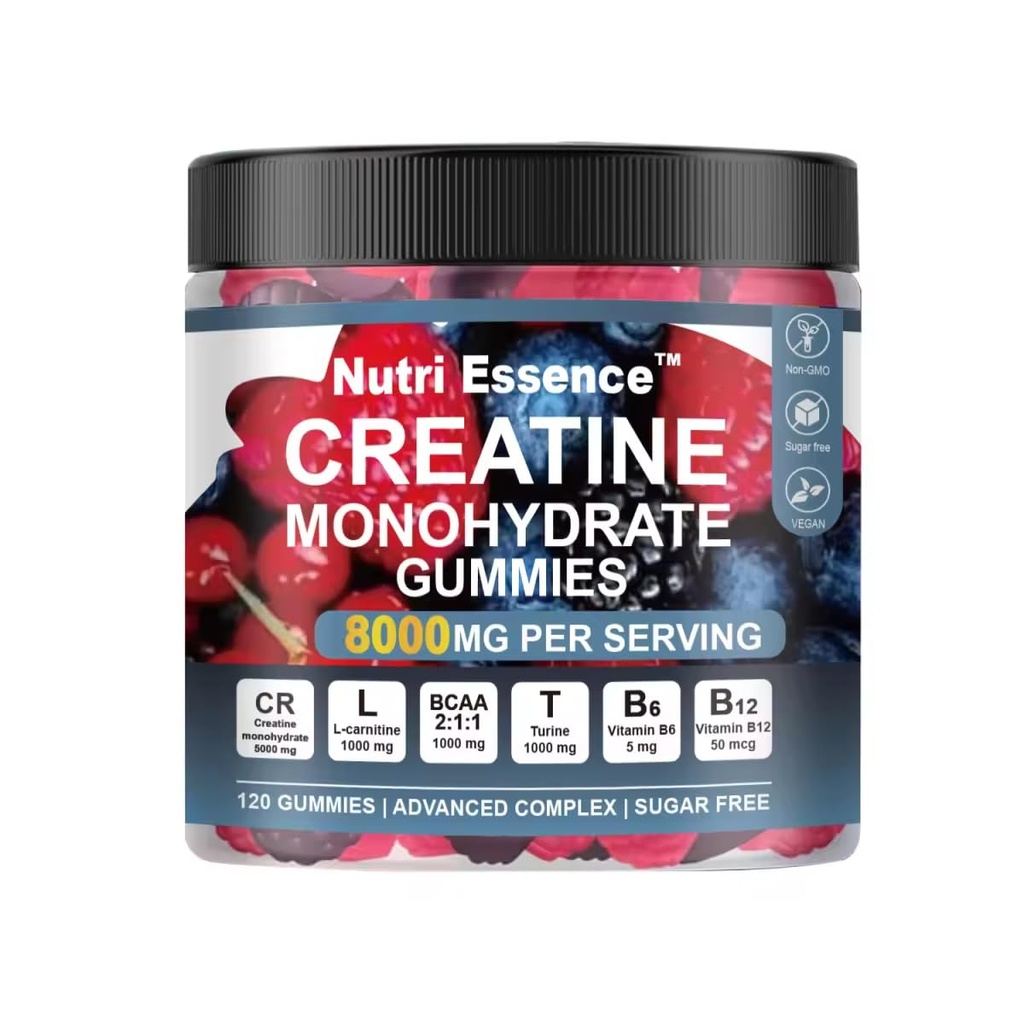 Creatine Monohydrate Gummies, Complejo Avanzado Libre de Azúcar, 8000 mg con BCAA, L-Carnitina, Taurine, B6, B12, 120 Conde