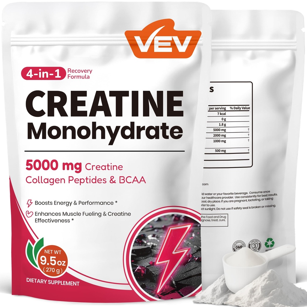 VEV Monohidrato de Creatina para Mujeres Polvo 5000 mg con Collagen &amp; BCAAs 2:1 – Creatina para Mujeres, apoya la definición de músculo, recuperación & energía – Sin sabor, sin azúcar, 9,5 oz, 30 servidumbres