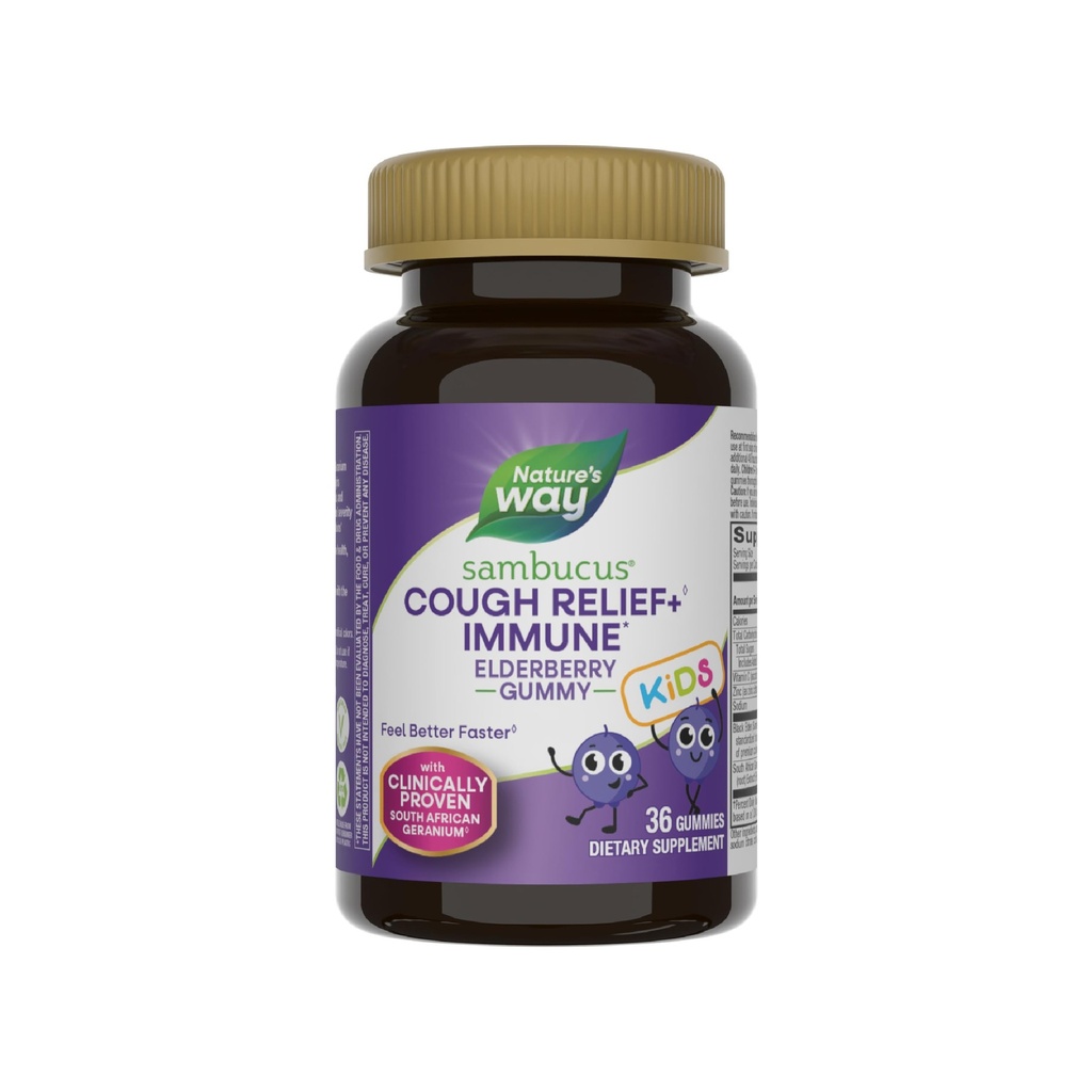 Camino de la Naturaleza Sambucus Kids Cough Relief +(1) Immune Gummy*, Feel Better Faster(1), Clínicamente Provenido Geranium sudafricano, con Elderberry, Vitamina C & Zinc, Gluten Free, Vegetarian, 36 Gummies
