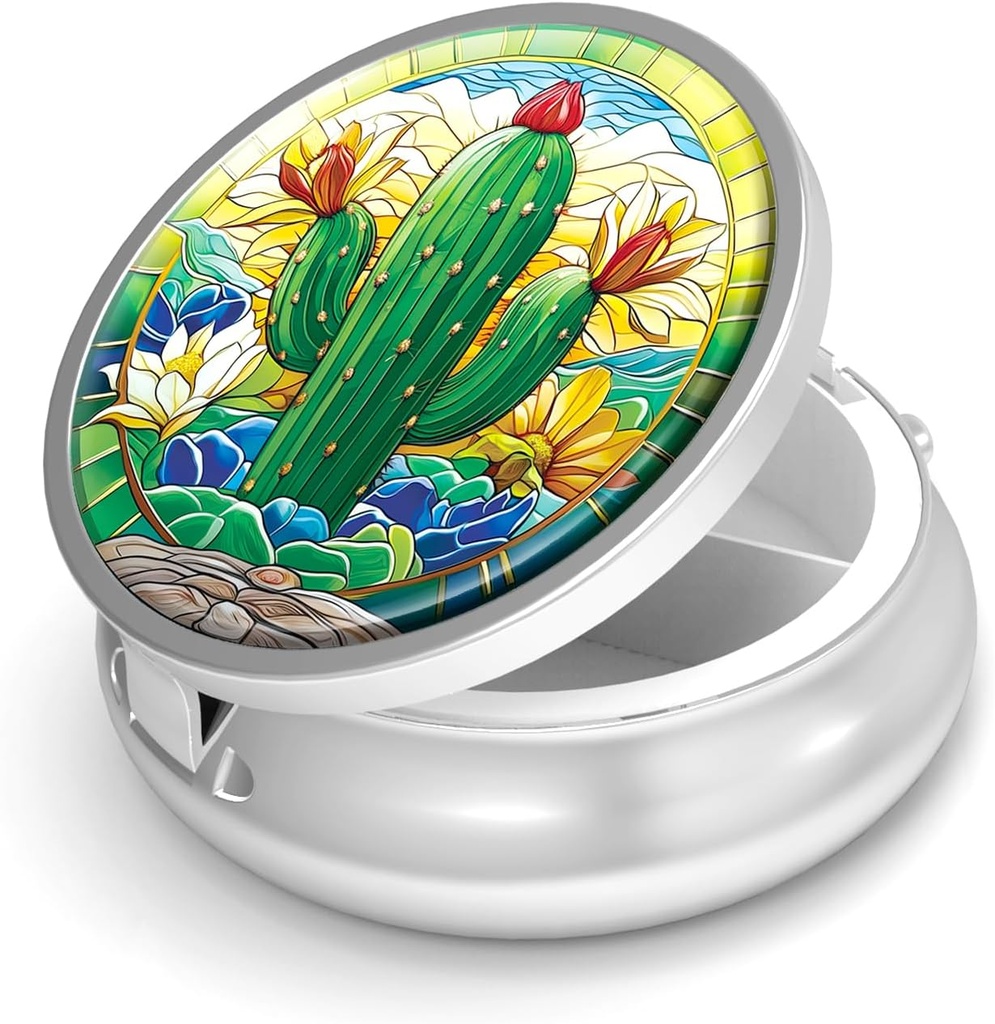 Pill Box-3 Compartment Small Pill Case for Purse & Pocket Mini Contenedor de carga de metal para mantener suplementos Vitaminas libres de BPA (Cactus)