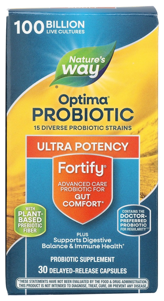 Way Natures Way Fortify Optima Daily Probiotic, 100 Billion, 15 Strains, Prebiótico, 30 Capsules, 30 Cuenta