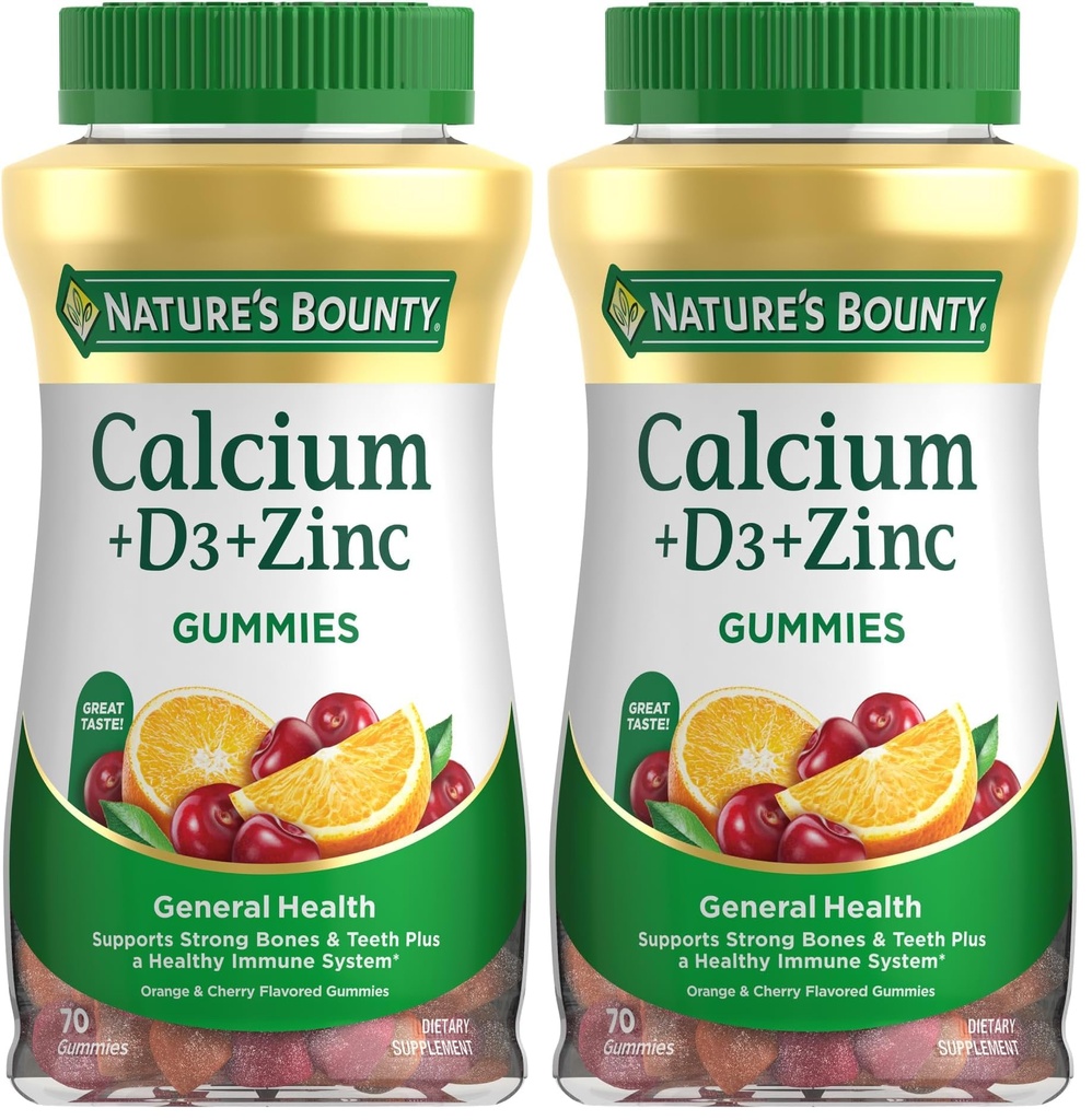 Calcio de rebote de la naturaleza + D3 + Gummies de zinc, soporta huesos fuertes y dientes más un sistema de inmune saludable, 500 mg, Orange y Cherry Flavored, 70 Gummies (Pack of 2)