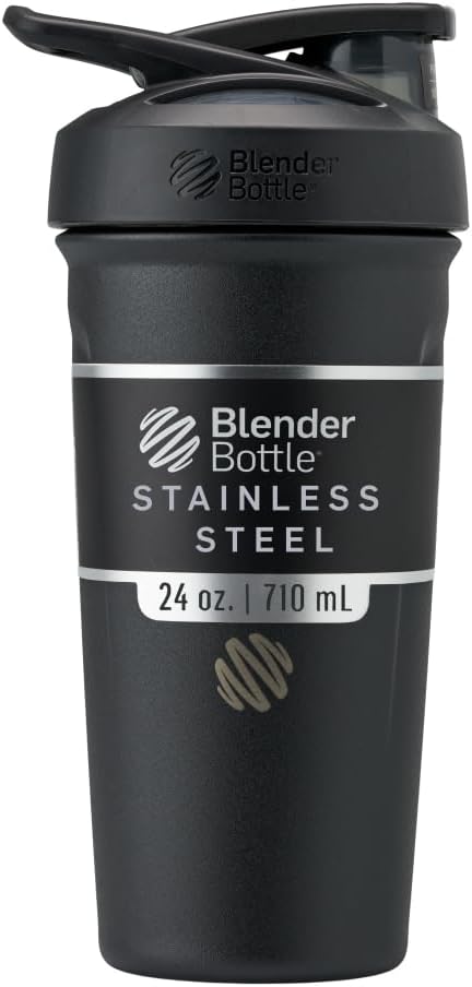 BlenderBottle Strada Shaker Cup Botella de agua de acero inoxidable aislada con Wire Whisk, 24 onzas, Negro