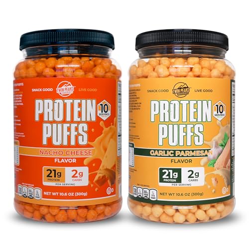 Twin Peaks Low Carb, Keto Friendly Protein Puffs, 1 Jug Ajo Parmesan Flavor Puffs + 1 Jug Nacho Cheese Flavor Puffs