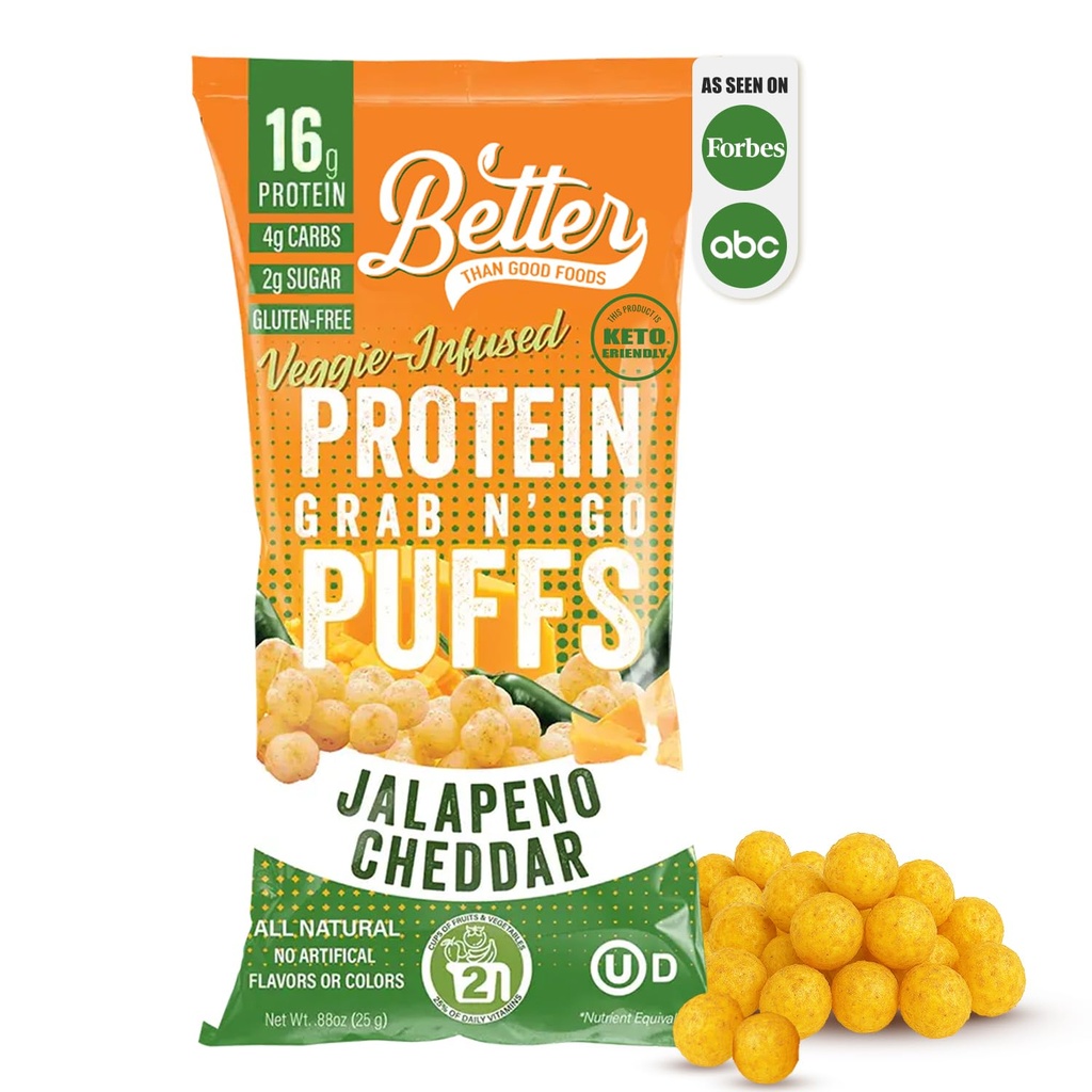 Better Than Good Savory Keto Jalapeno Cheddar Protein Puffs TEN Gluten-Free -16g Proteína, Bajo Azúcar, Baja Calorie, Diabética Amistosa Snacks ANTE Bajo carbohidratos, Niños sanos Snack Silencioso Sin Flavours Artificiales (12-Pack)