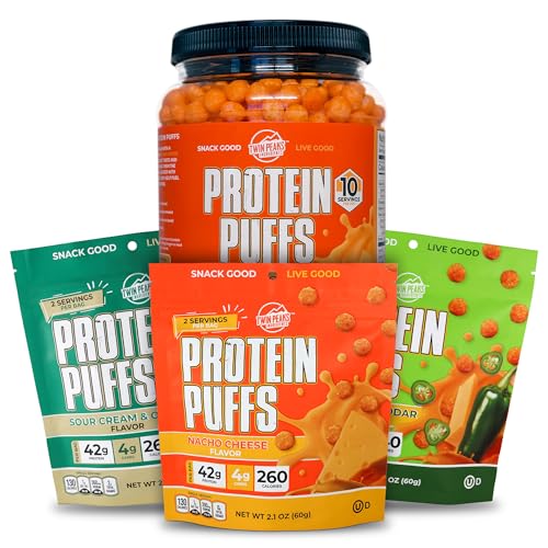 Twin Peaks Low Carb, Keto Friendly Protein Puffs, 3 bolsas de sabor surtido Puffs + 1 Jug Nacho Cheese Flavor Puffs