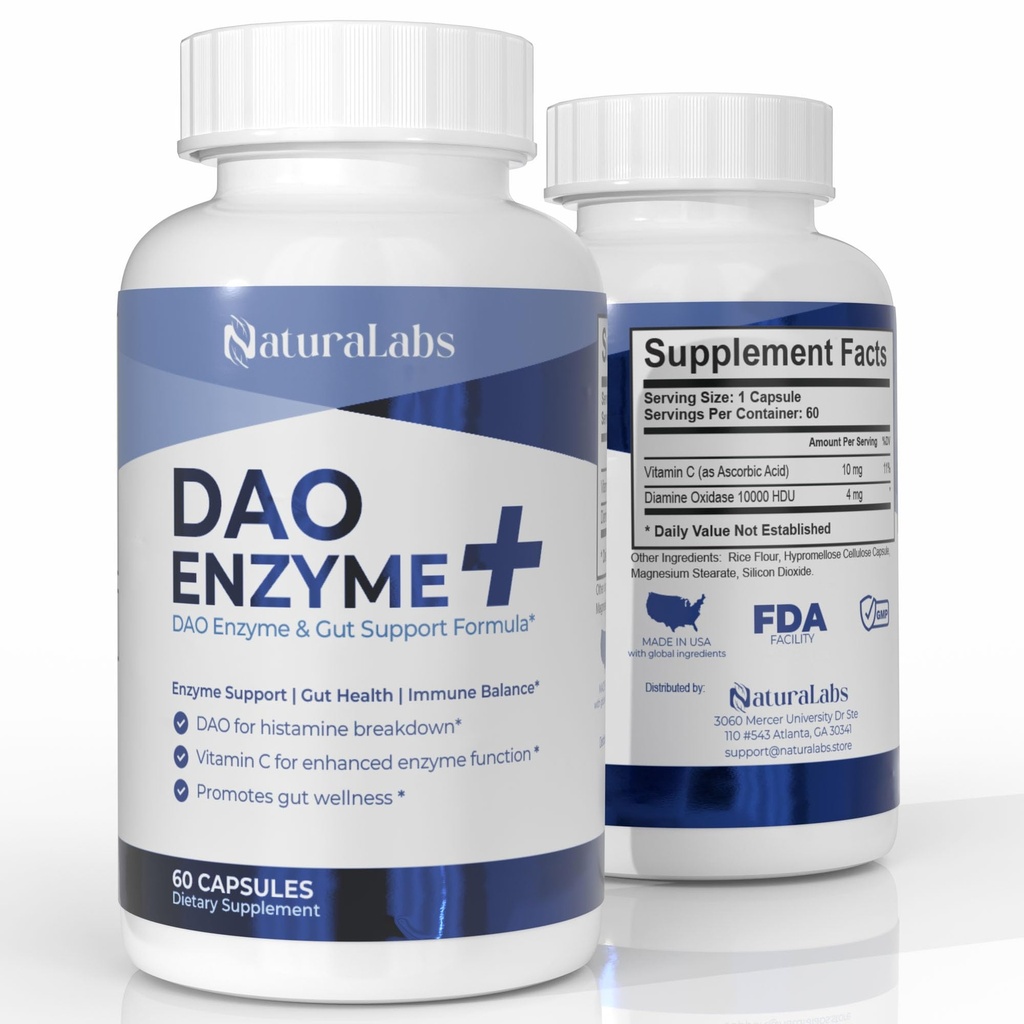 DAO Suplementos Histamine Blocker – DAO Enzyme + Diamine Oxidase &amp; Vitamina C para Gut Health & Food Support – 60 Servings - 1 Cápsula Antes de Comidas para la Intolerancia Histamínica