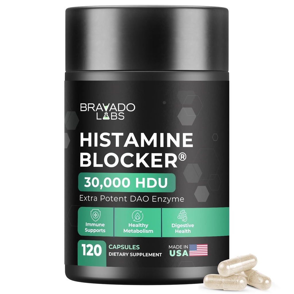 Laboratorios Bravado DAO Suplementos Bloqueador de Histamina - Extra Strength 30,000 HDU DAO Enzyme + Diamine Oxidase & Vitamina C para el metabolismo diario de histamina &amp; Immune Support - 120ct
