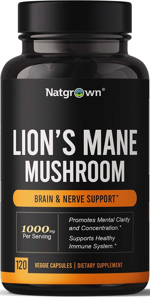 Natgrown Lions Mane Mushroom Supplement Capsules - Organic Lion's Mane Extract Nootropic Brain Supplement for Men & Women - Promotes Mental Clarity, Focus, and Memory - Vegan Pills