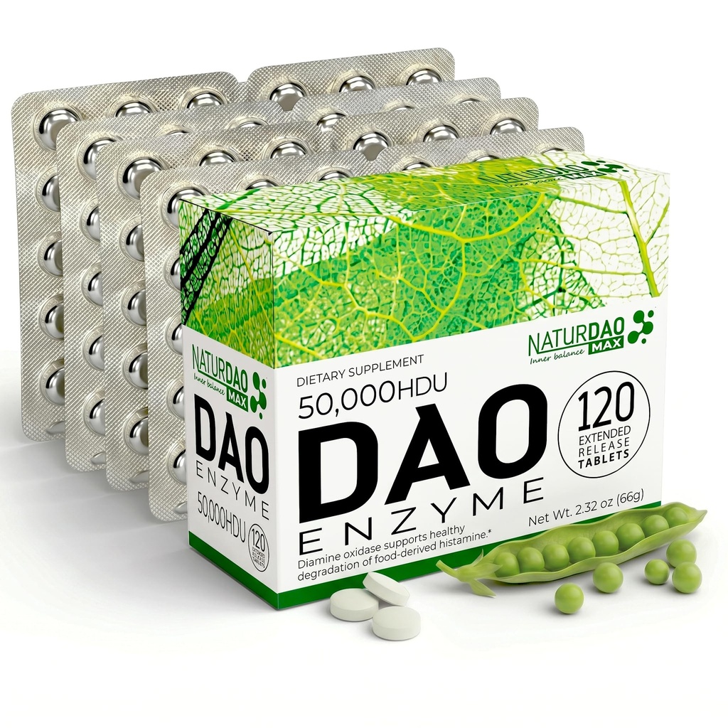 MAX DAO Enzyme Suplemento 120 Tablets, 50.000 HDU por dosis ajustable Tablet, liberación ampliada, bloqueador de histamina