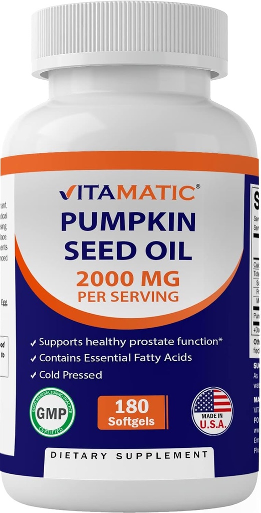 Vitamatic Pumpkin Seed Oil 2000mg Softgel Capsules por Serving - 180 Softgels - 1000mg por softgel