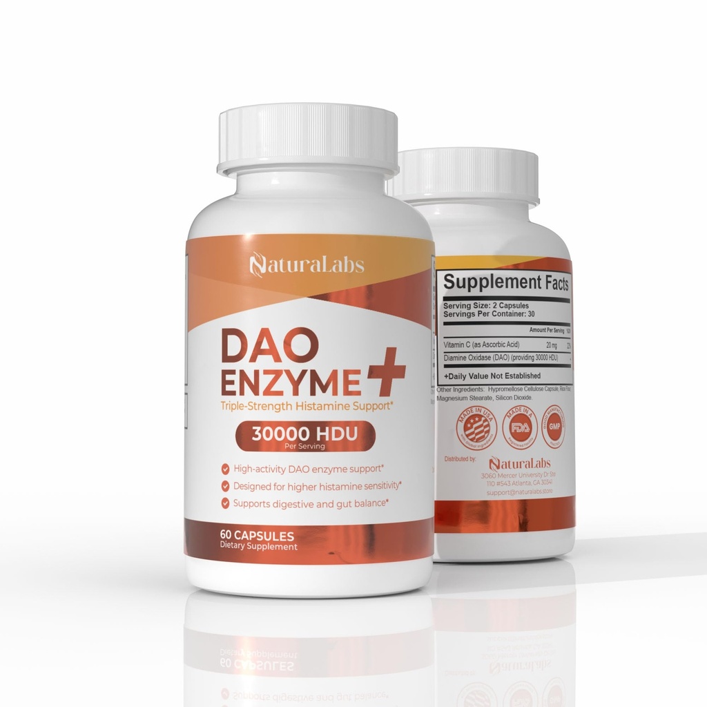 DAO Enzyme + Bloqueador de Histamina - Triple-Strength 30,000 HDU Fórmula - DAO Enzyme Suplementos con vitamina C - Histamina Intolerance Apoyo Digestivo - 60 cápsulas