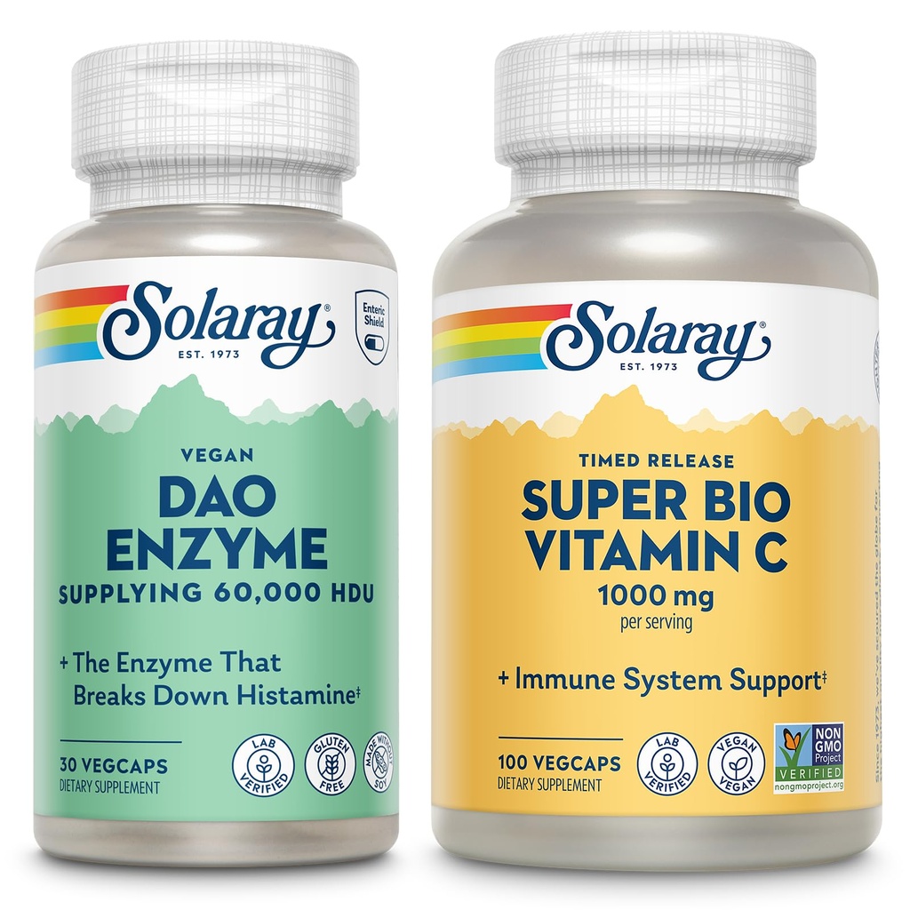 SOLARAY DAO Enzyme y Super Bio Vitamina C 1000mg - Enzimas digestivas para romper la histamina - Timed Release VIT C w/Bioflavonoids Immune Support Suplemento, Vegan, Garantía de 60 días, 30/50 Servings