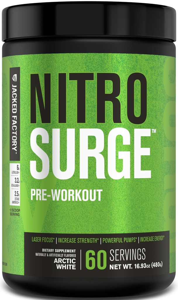 Jacked Factory NITROSURGE Pre Workout Supplement - Endless Energy, Instant Strength Gains, Clear Focus, Intense Pumps - NO Booster & Powerful Preworkout Energy Powder - 60 Servings, Arctic White