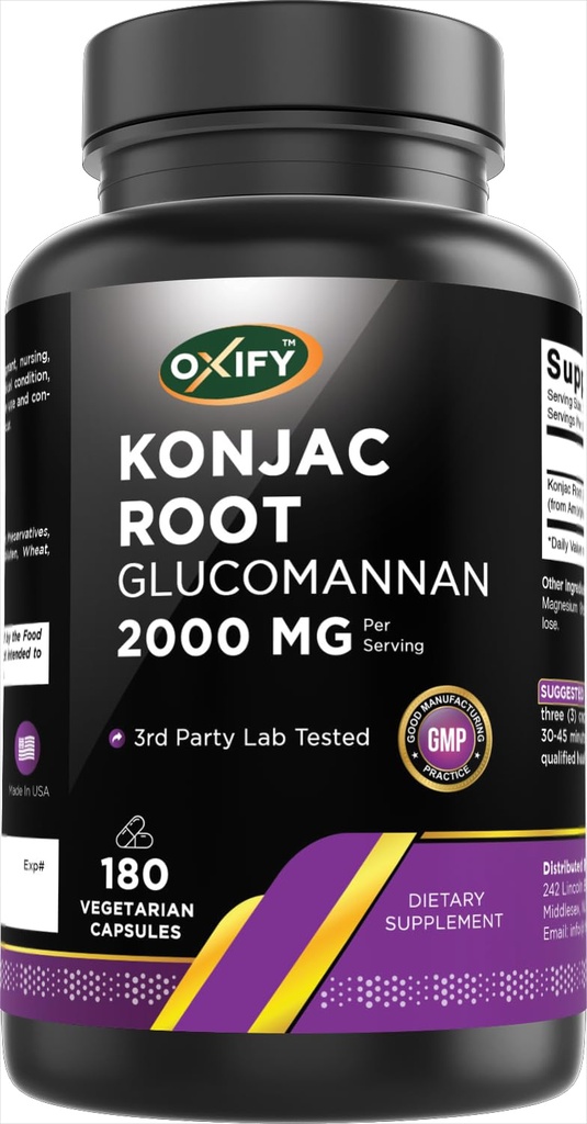 Oxify Konjac Root Glucomannan 2000 mg Silencio 180 Vegetarian Capsules Silencio Gluten-Free, Non-GMO Silencioso Suplemento Made in USA