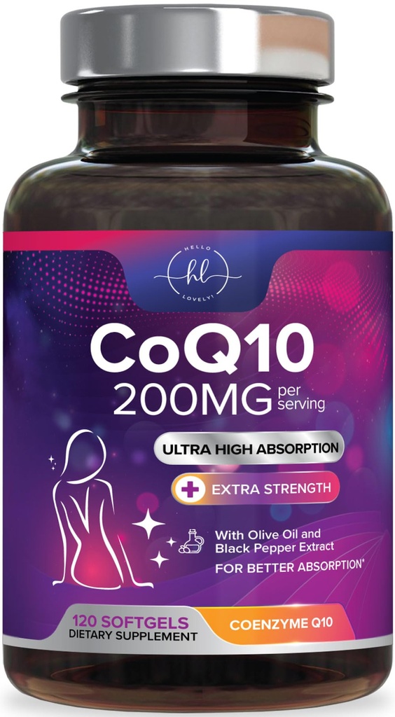 Coenzima Q10 200mg por suplemento de servicio - Ultra alta absorción, antioxidante para la salud cardíaca y la producción de energía Apoyo - CoQ10 (Ubiquinona) Co Q 10 Suplemento &amp; Vitaminas 100mg Cada - 120 Softgels