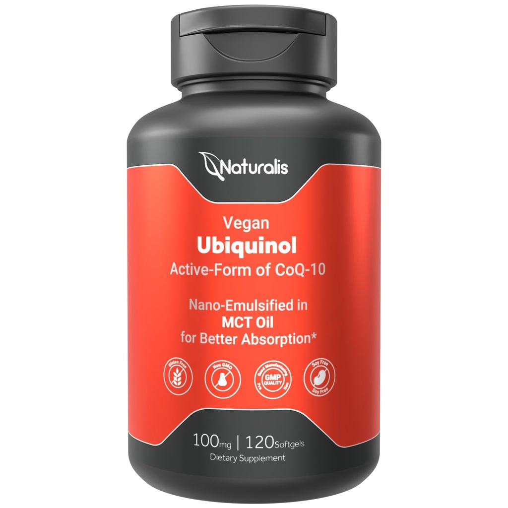 Naturalis Ubiquinol 100mg Active CoQ-10 Emulsified in MCT Oil for Better Absorption TEN Gluten Free, Non-GMO &amp; Soy-Free ← Cardiovascular Wellness, Antioxidant Protection, and Healthy Skin* aguantar 120 Softgels