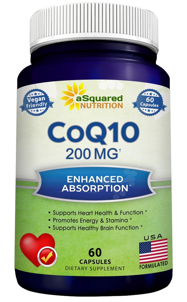 aSquared Nutrition CoQ10 200mg - 60 cápsulas - CO Q 10 Suplemento - Coenzyme Q10 Ubiquinone Pills - Vegan CoQ-10 Extra Antioxidante Vitamina - Alternativa a Softgels & Gummies