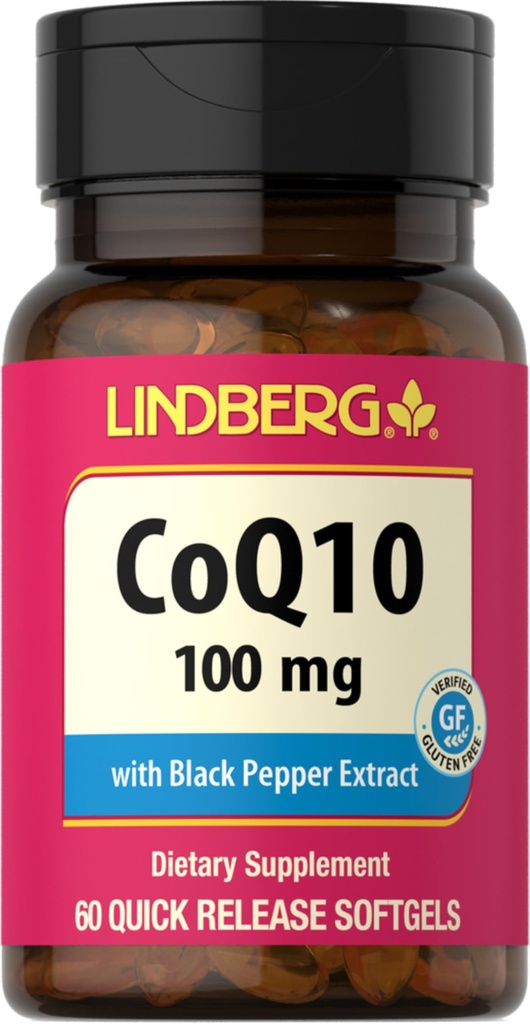 Lindberg CoQ10 100mg Softgels Silencio 60 Conde ← Coenzyme Q10 Suplemento para Mujeres y Hombres Silencio con Black Pepper Extract ← Non-GMO, Gluten Free