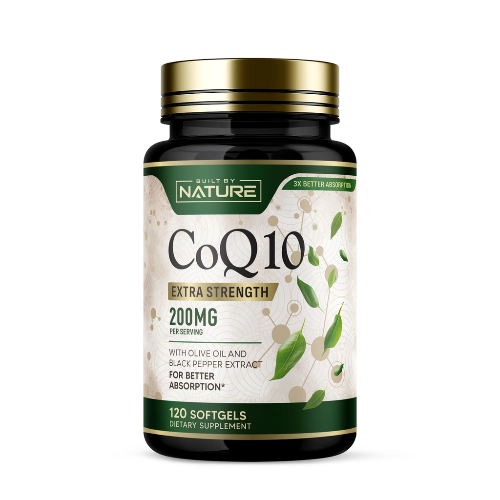 Construido por Nature CoQ10 200 mg – Coenzyme Q10 con aceite de oliva y pimienta negra para la alta absorción – Apoya la salud del corazón y la energía – Suplemento antioxidante– 2 Month Supply, 120 Softgels