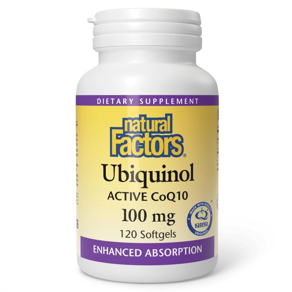 Factores naturales Ubiquinol 100 mg - Apoya la salud cardíaca " Vitalidad natural - Suplemento de apoyo antioxidante con absorción superior - Apoyo energético con aceite de linaza - 120 Softgels (120 Servings)