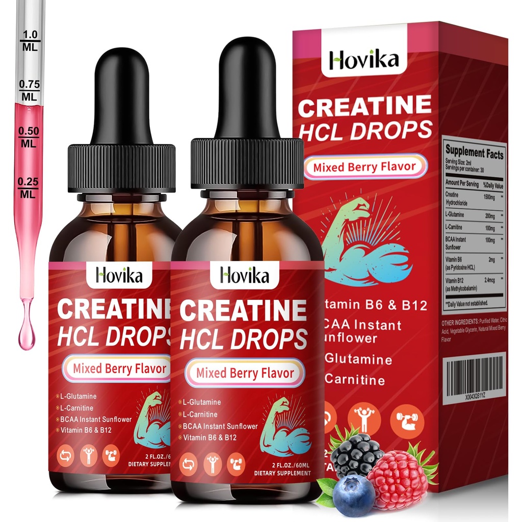 Cretina HCL gotas líquidas para hombres " mujeres " , Hidrocloruro de Creatina con L-Carnitina, L-Glutamina, BCAA, Vitamina B12 " B6 para el crecimiento muscular " Végan, sabor de sabor mixto de Berry, 4 Fl Oz