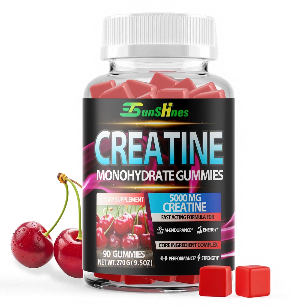 Creatine Monohydrate Gummies 5g (5000mg), Cretina Libre de Azúcar, Energía Pre-Workout, Veg, No-GMO, para Hombres y Mujeres - 90 Conde Cherry Flavor