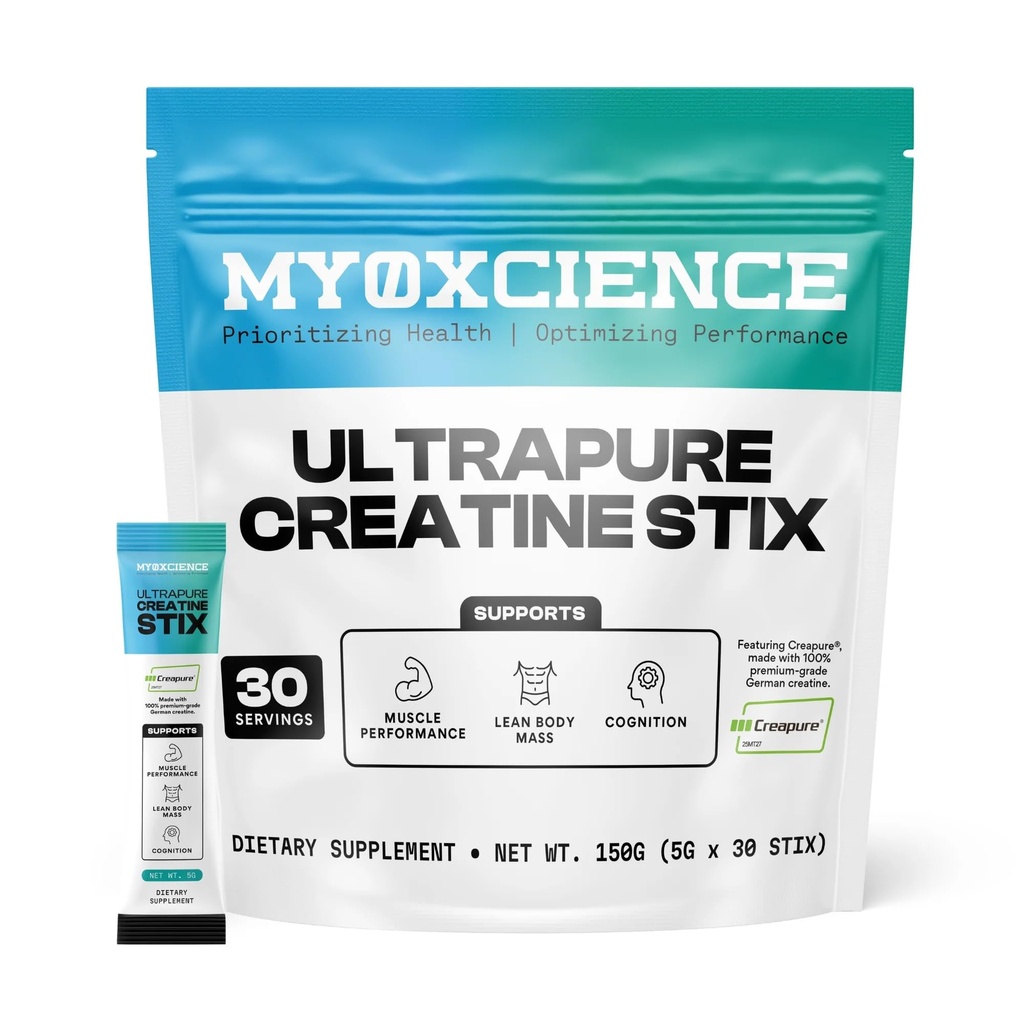 MYOXCIENCE Creapure® Creatine Stix tención 5 Gramos de Monohidrato de Creatina Alemán Per Stick Pack ← Soporta Muscle Performance, Lean Body Mass, " Cognition TEN 30 Single Serve Stix