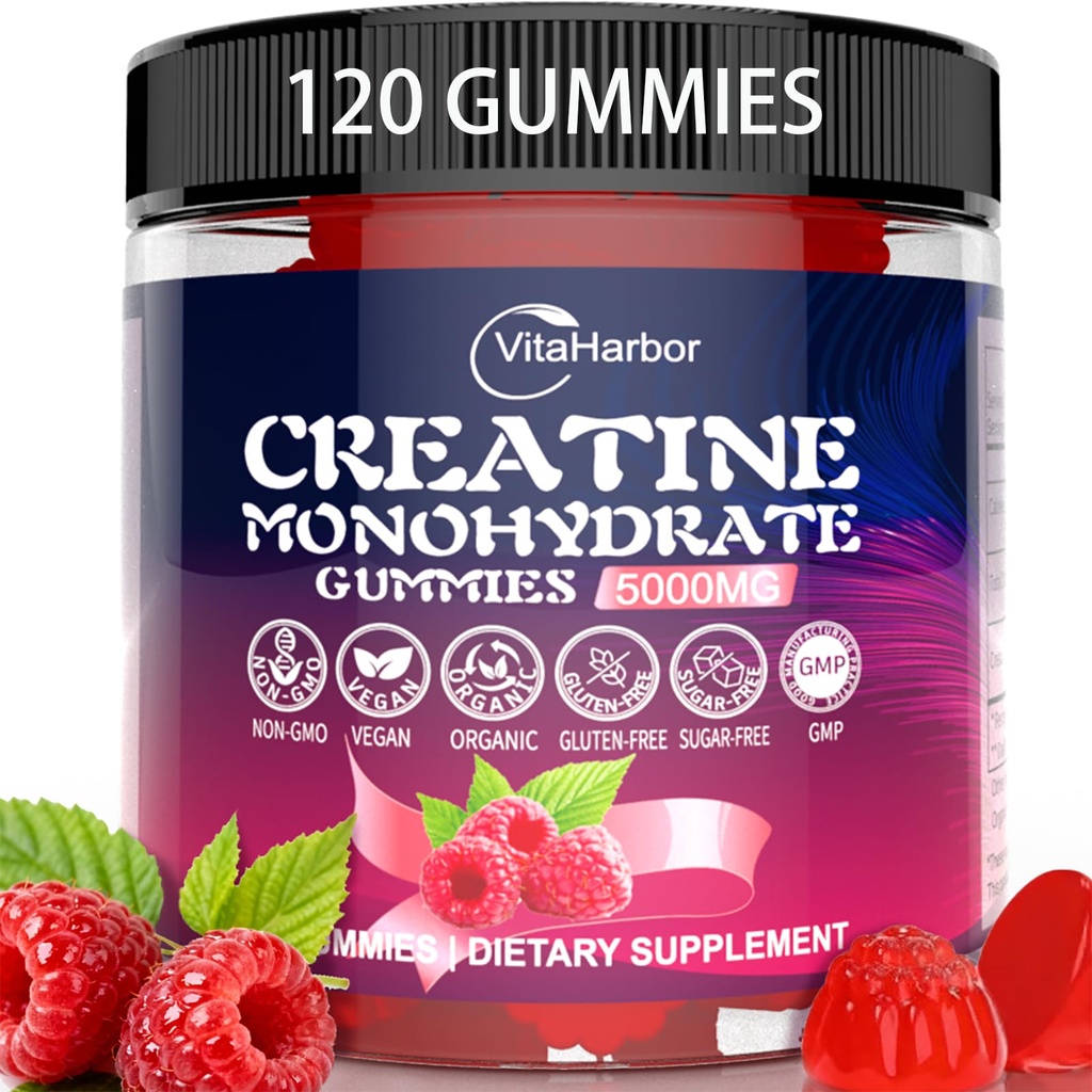 Cretina Monohydrate Gummies 5000mg para Hombres &amp; Mujeres, Orgánica Pure Creatine Gummies ← Sugar Free,Vegan, Non-GMO,Raspberry Flavor, 120 Con