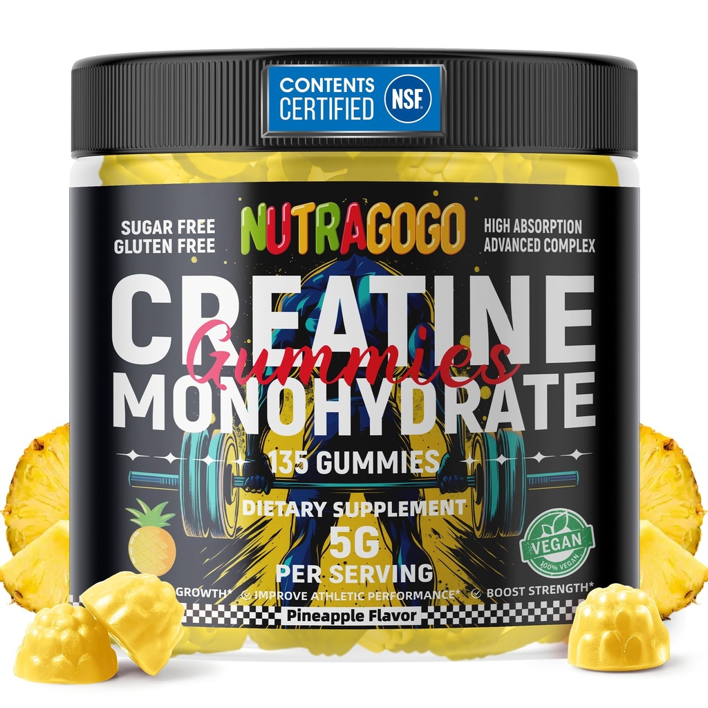 NSF Certified Creatine Gummy - Creatine Monohydrate Gummies for Men &amp; Women-5g of Creatine Monohydrate per Serving - Sugar Free,Vegan, Pineapple Electrolyte Chews, 135 Condes