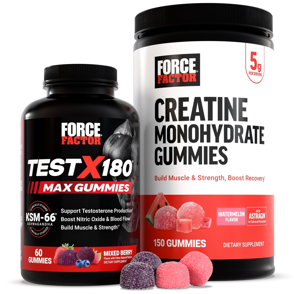 Conjunto de rendimiento del factor de fuerza: prueba X180 Max T-Booster (60 Gummies de baya mixta) & Monohidrato de crema 5g (150 Gummies de sandía)