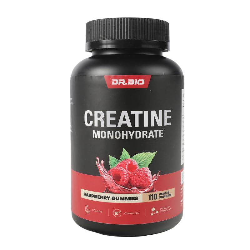DR.BIO Creatine Monohydrate Gummies for Energy & Muscle Support, Pre-Workout Complex Creatine for Women & Men with 5000mg Creatine, L-Taurine, B12, Mg and K, Vegan, Red Raspberry, 110 Count