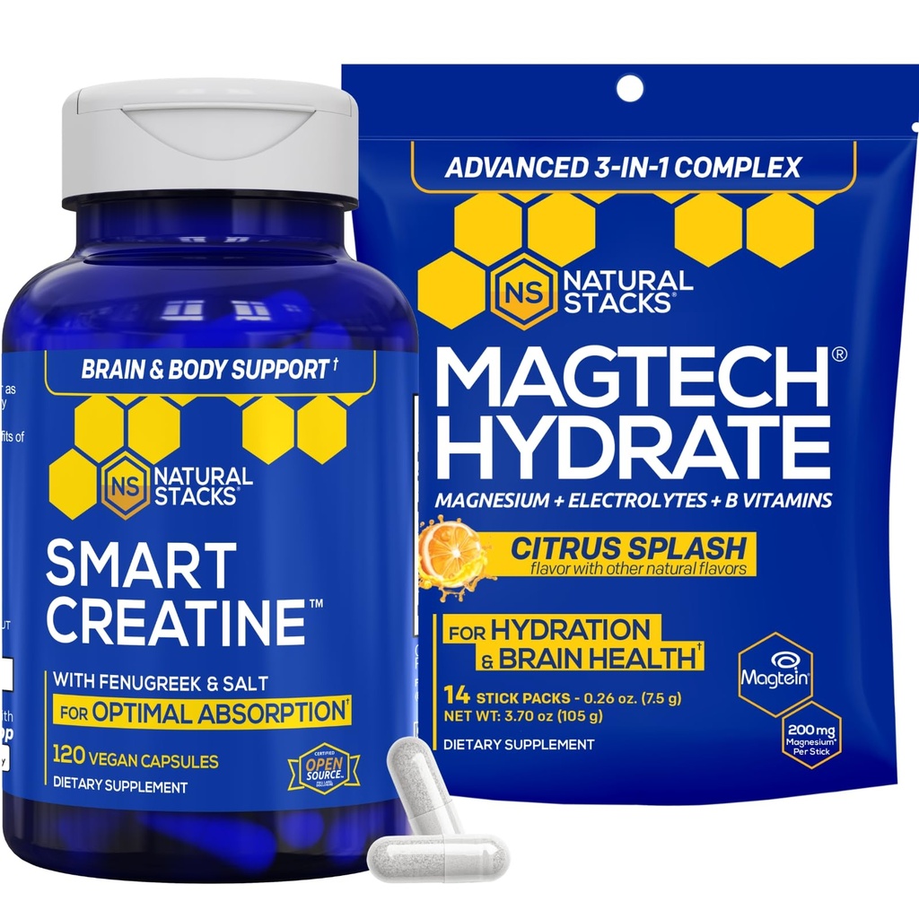 NATURAL STACKS Creatine Monohydrate &amp; Magtech Hydrate Bundle - 2500mg Creatine + 200mg Elemental Magnesium Por Serving - Supports Hydration, Brain Health & Endurance - 44 Total Servings