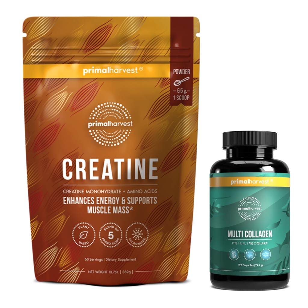 Primal Creatine Powder + Primal Multi Collagen Capsules Bundle TENIDO 2-Pack ANTE Apoyo Strength, Recovery, Joint & Skin Health TEN 30 Servivings Every