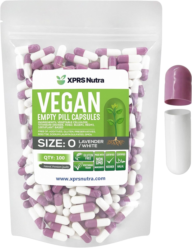 XPRS Nutra Size 0 Empty Capsules - 100 Count Empty - Vegetariano Pills DIY Relleno de cápsulas de Vegeta - Veggie Pill Caps for Do-It-youself Supplements (Lavender/White)