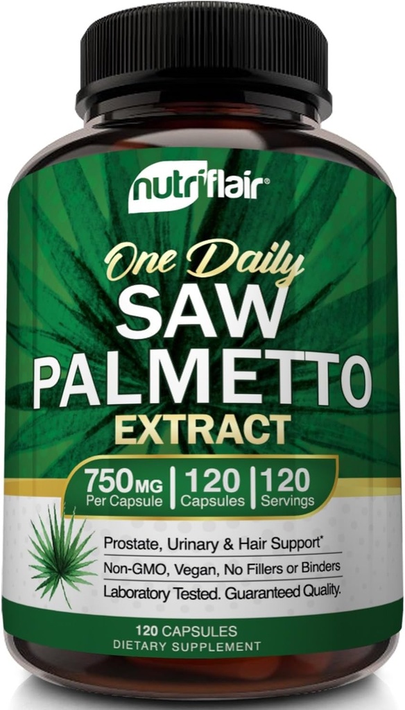 NutriFlair Saw Palmetto Extract 750mg, 120 cápsulas - Suplemento Natural de Prostata & Berry Health Support - Ayuda a Bloquear DHT para prevenir la pérdida del cabello y ayuda a reducir la orina frecuente, para mujeres y hombres
