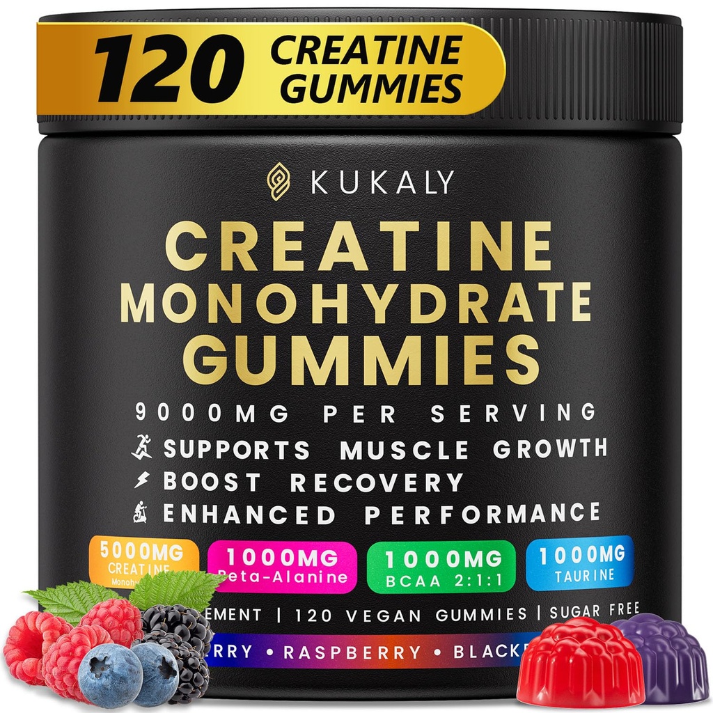KUKALY Cretine Monohydrate Gummies for Men &amp; Women, 9000MG Creatine Gummies Sugar Gratis - Mixed Flavored with L-Taurine, BCAA 2:1, B12 B6 for Boost Strength, Focus &amp; Endurance, Vegan, Non-GMO, 120pcs