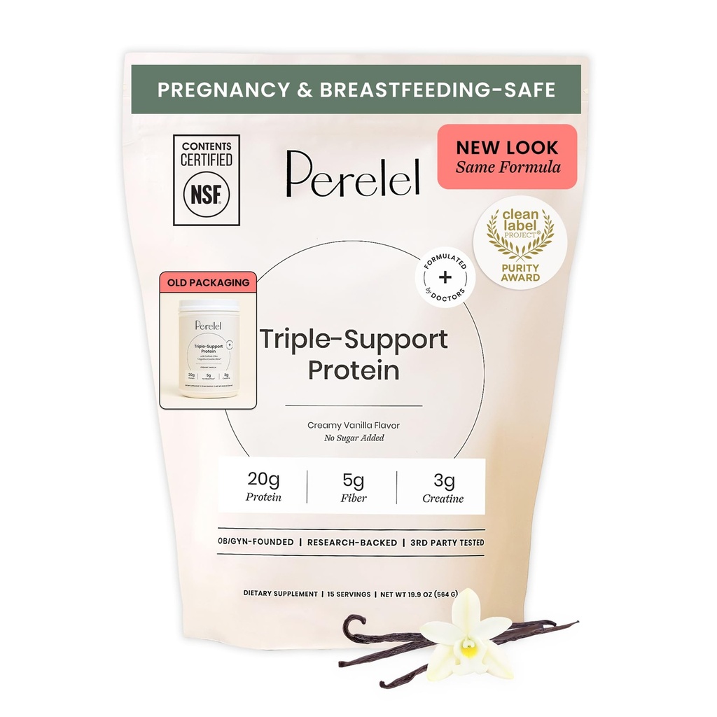 Pólvora de proteína basada en tres plantas de perelel, vainilla de crema, pólvora de proteína vegana de 20g, Monohidrato de crema de 3g, fibra prebiótica por ser, libre de lácteos, sin azúcar añadido, fuente de 15 días