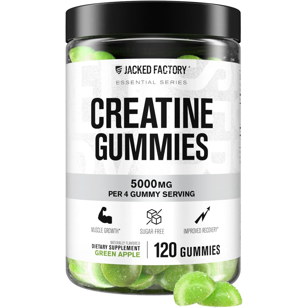 Gafas de azúcar de la fábrica de Jacked Gummies - 5g Daily Dose (1.25g por Gummy) - Azúcar de goma de crema libre para hombres y mujeres, Vegan-Friendly, de terceros probado - 120 Gummies, manzana verde