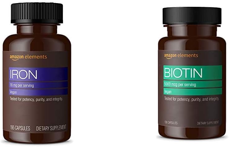Amazon Elements Iron 18mg Capsules, Supports Red Blood Cell Production, Vegan (195 Conde, 6 Month Supply) y Amazon Elements Vegan Biotin 5000 mcg - Pelo, Piel, Nails (130 cápsulas, 4 Month Supply)