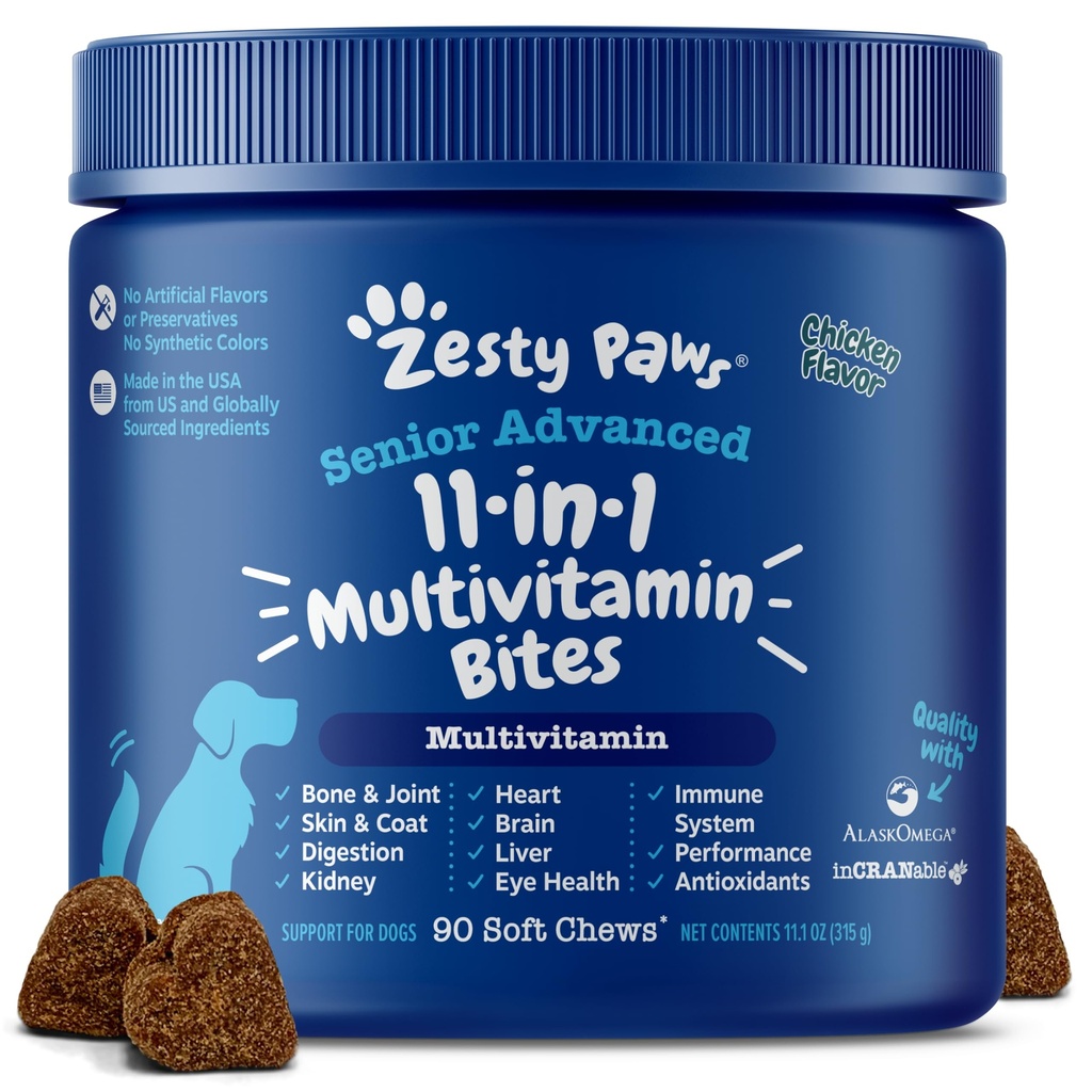 Zesty Paws Senior Dog Multivitamin Treats - Glucosamine for Dogs + Digestive Enzymes &amp; Probiotics - Grain Free Dog Vitamins and Supplements for Skin & Coat + Immune Health Chicken - Advanced - 90ct
