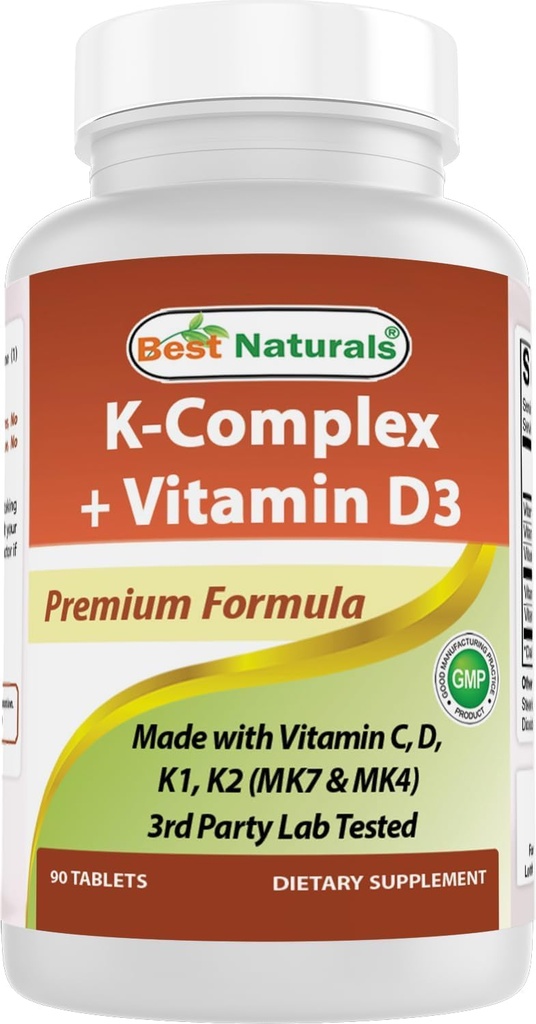 Best Naturals K-Complex con K1 (Phytonadione 1500 mcg + K2 como Menaquinone 100 mcg + K2 como MK-4 1000 mcg) + D3 + VIT. C - 90 Tabletas - Made in the USA
