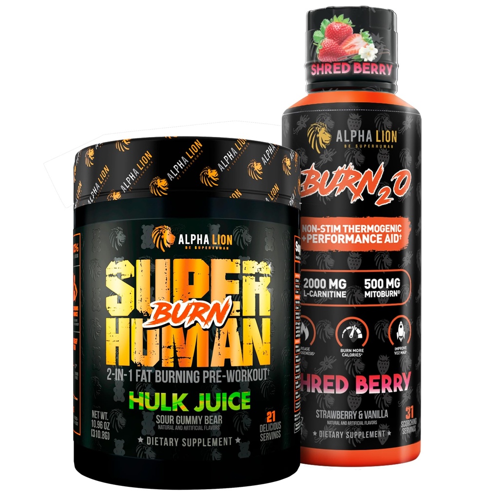 ALPHA LION Stubborn Fat Loss Stack – Superhuman Burn Pre Workout + Burn2O Liquid L-Carnitine 2000mg (ShredBerry) – 2-en-1 Thermogenic Fat Burning Stack for Men &amp; Women