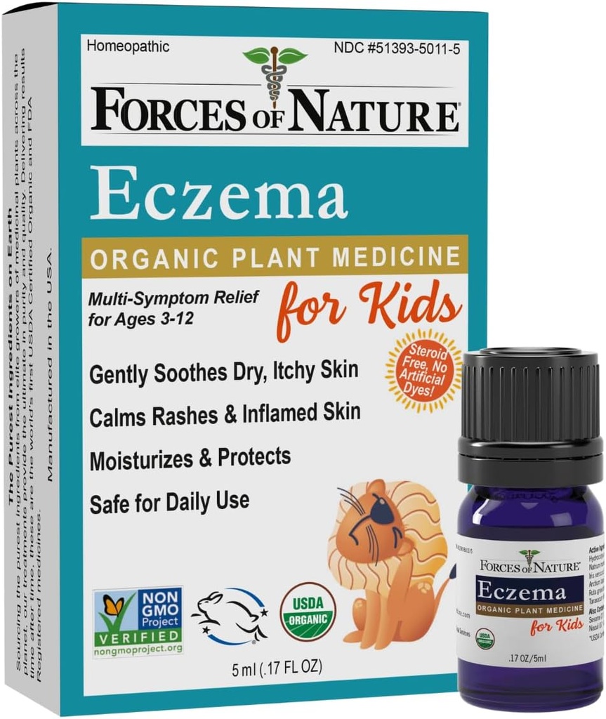 Fuerzas de control de eczema natural para niños, alivio de la piel sensible, seca e picante, atención de piel libre de esteroides para los arribos, tratamiento del eczema para niños, medicina orgánica homeopática, acción rápida, 0.17 FL OZ