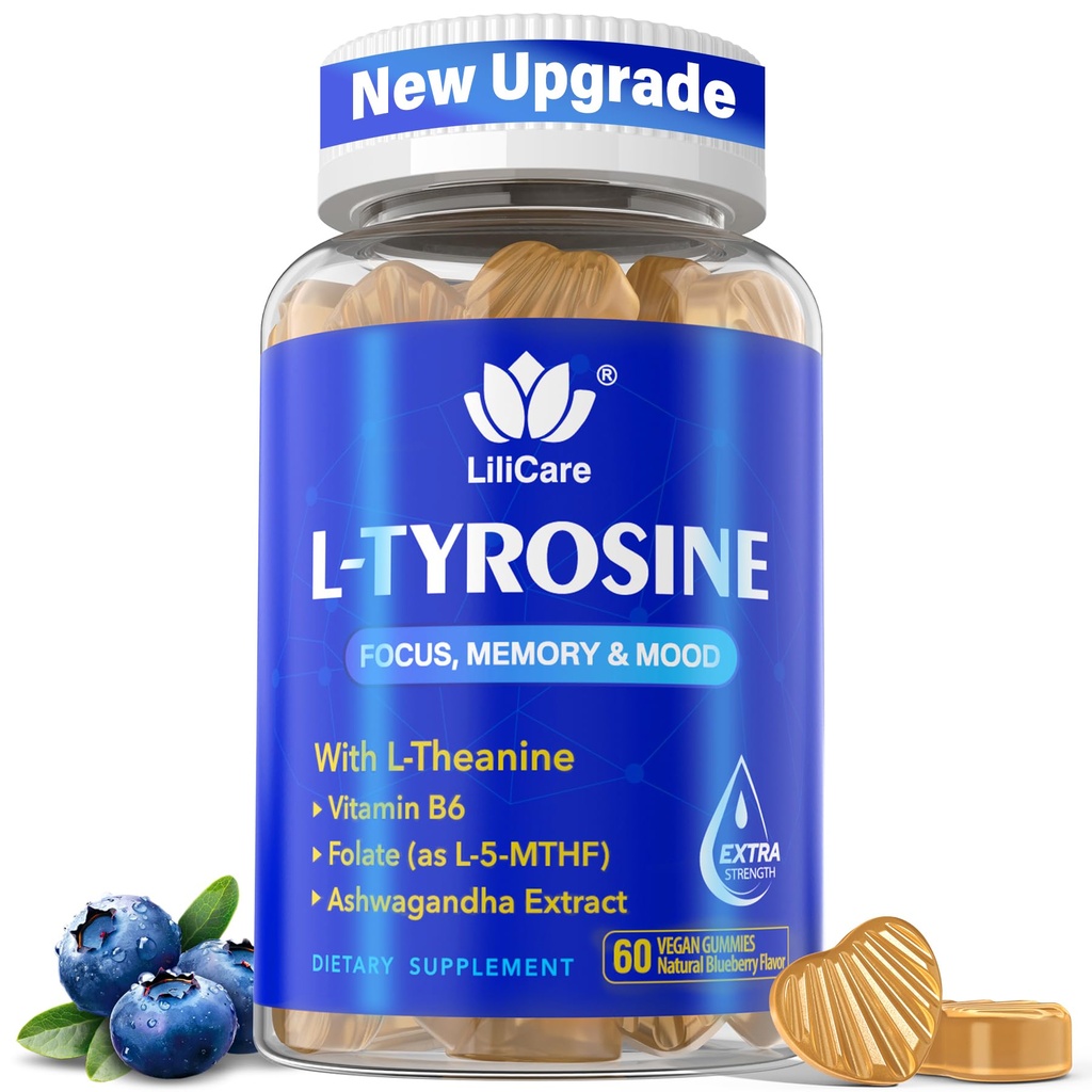 L Tyrosine Focus Suplemento Gummies 1100mg para adultos, suplementos cerebrales para memoria y foco, L-Tyrosine Gummies con Ashwagandha, I-Theanine for Calm & Mood - Vitamina B6 &amp; B9 para Energy-Vegan, 60ct