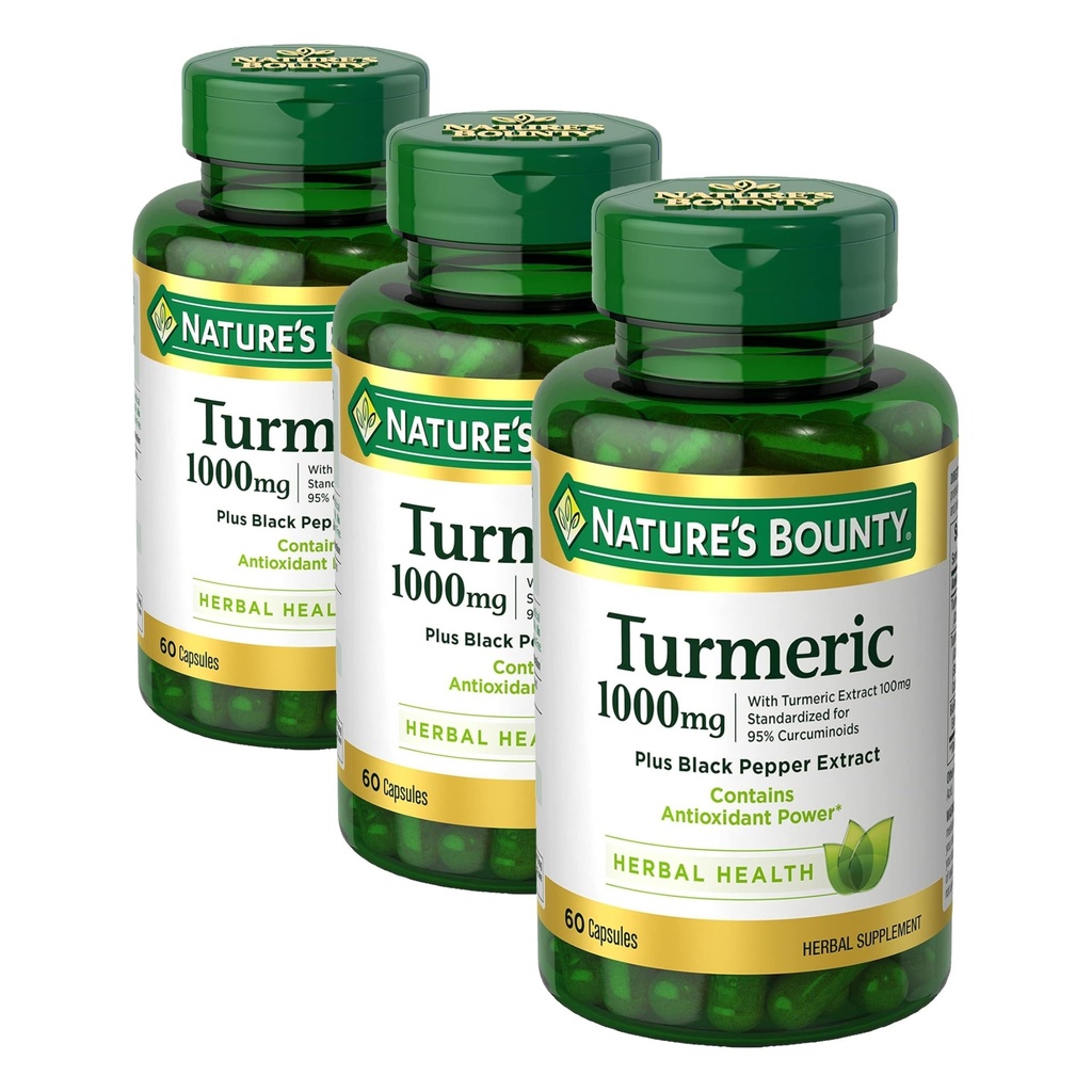 Turmérica de recompensa de la naturaleza con extracto de cobre negro,Aporta salud antioxidante, 1000mg,60 cápsulas,(Pack of 3)