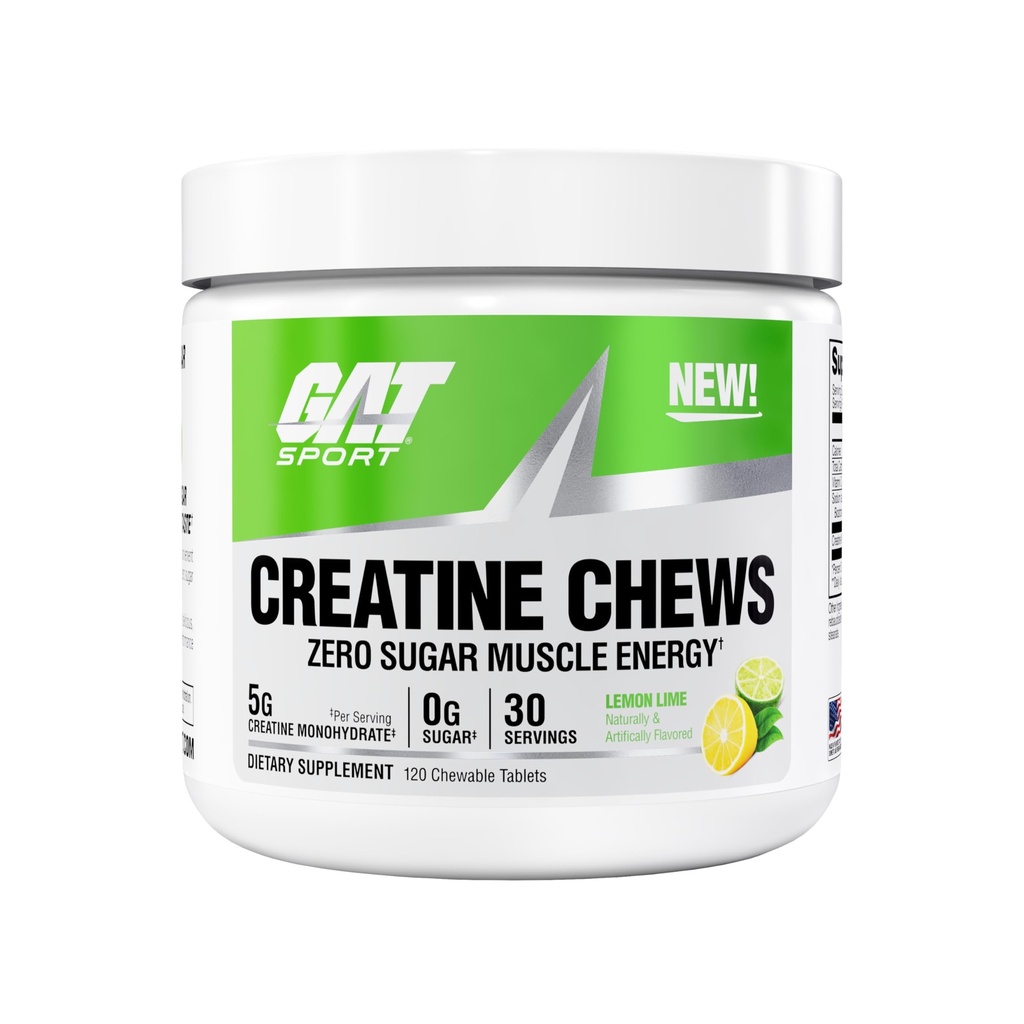 GAT SPORT Creatine Chews, Zero Sugar, 5g Puro Creatine Monohydrate, 3er Partido Tested, Brain Health, Muscle, Strength, Anti-oxidant Support, for Men &amp; Women, 30 Servings (Límina de limón)