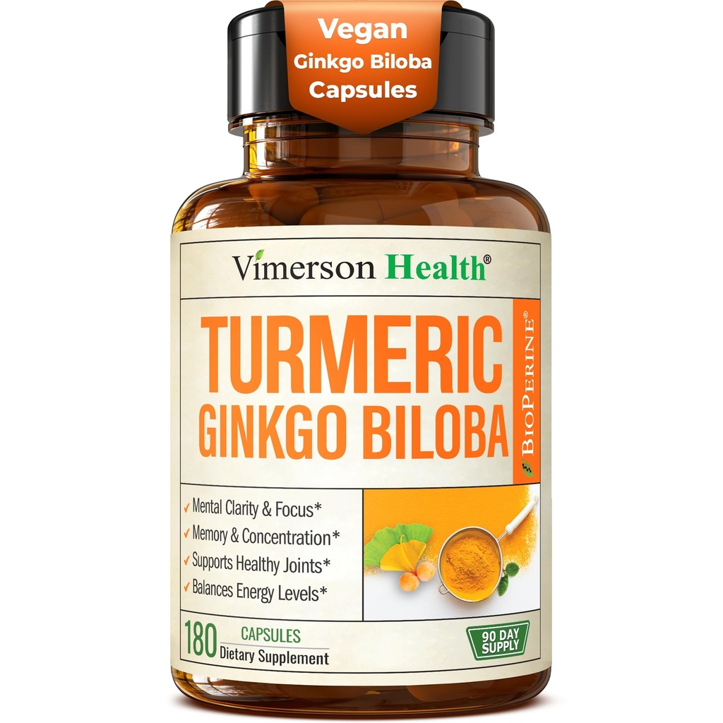 Ginkgo Biloba Suplemento con Curcumina Turmérica y Pepper Negro para Absorción Alta - Ginko Biloba Capsules con Curcuma para Focus, Memory Support, Joint " Brain Health - NonGMO - 180 Vegan Capsules